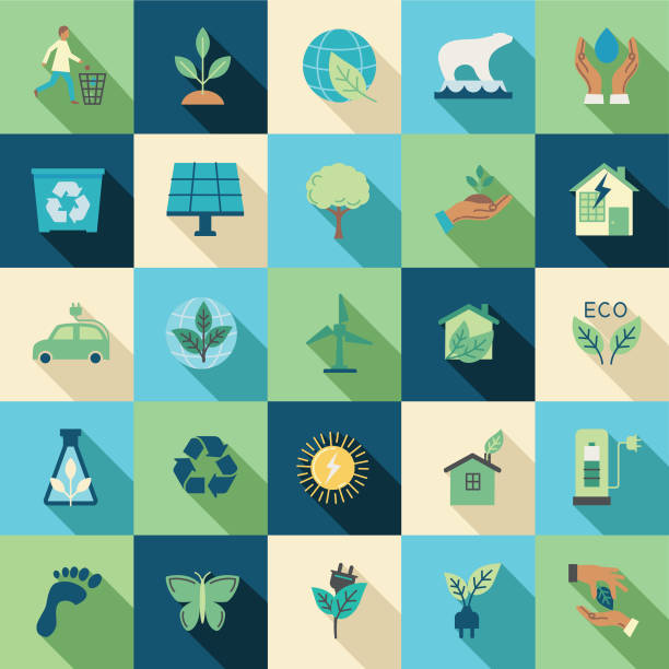 illustrazioni stock, clip art, cartoni animati e icone di tendenza di set di icone di progettazione piatta dell'ambiente - energia sostenibile illustrazioni