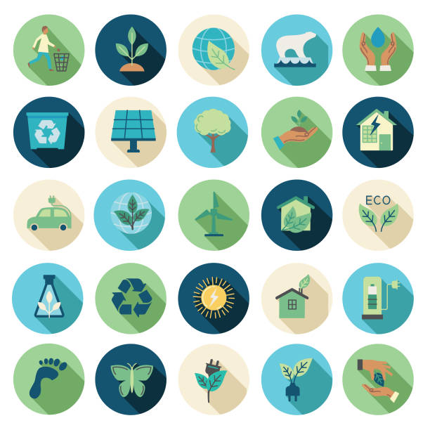 illustrazioni stock, clip art, cartoni animati e icone di tendenza di set di icone di progettazione piatta dell'ambiente - leaf environmental conservation green water
