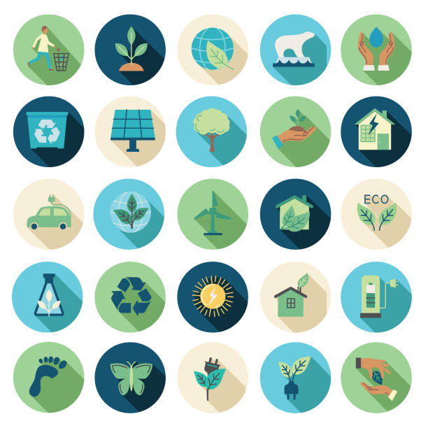 Environment Flat Design Icon Set Environment Icon in thin line flat design style set. drawing shadows stock illustrations