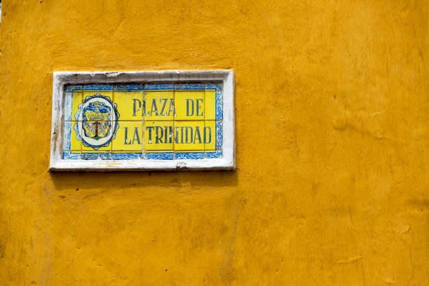 Street sign for Trinidad Plaza in the Getsemani neighborhood of Cartagena, Colombia