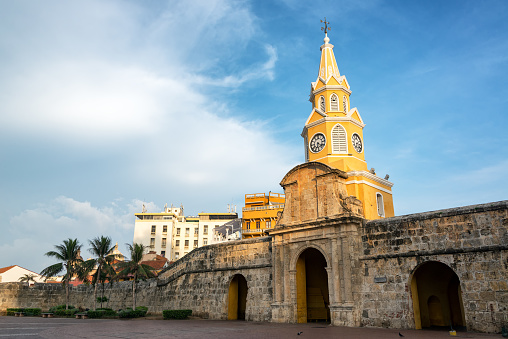 Beautiful historic Clock Tower Gate in the historic colonial city center in Cartagena, Colombia