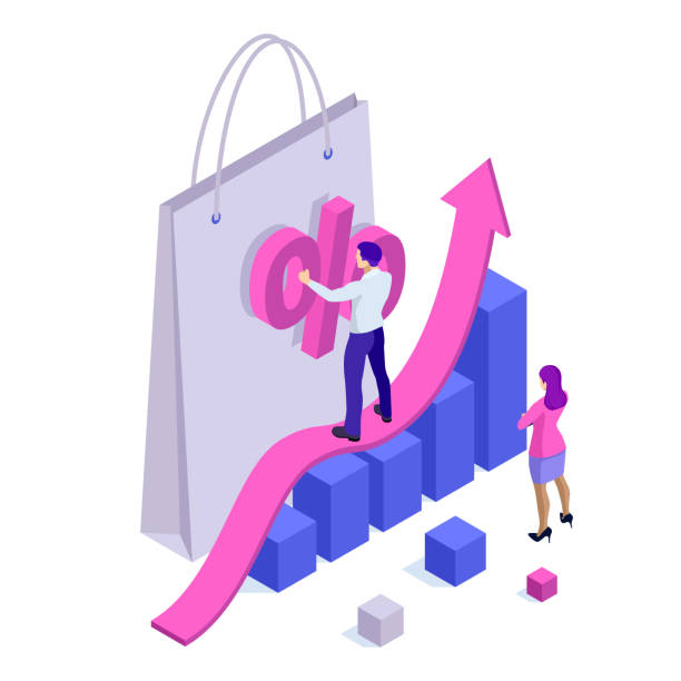 Growth chart stats, big sale, sellout, retail, Black Friday discount. Investors and traders achieve their goals. Vector isometric illustration. Growth chart stats, big sale, sellout, retail, Black Friday discount. Investors and traders achieve their goals. Vector isometric illustration selling stock illustrations