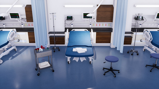 Empty hospital bed and various first aid medical equipment in emergency room of modern clinic. With no people 3D illustration on healthcare theme from my own 3D rendering file.