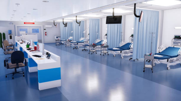 Empty emergency room interior of modern clinic 3D Interior of emergency room in modern clinic with row of empty hospital beds, nurses station and various medical equipment. 3D illustration on health care theme from my own 3D rendering file. hospital room stock pictures, royalty-free photos & images