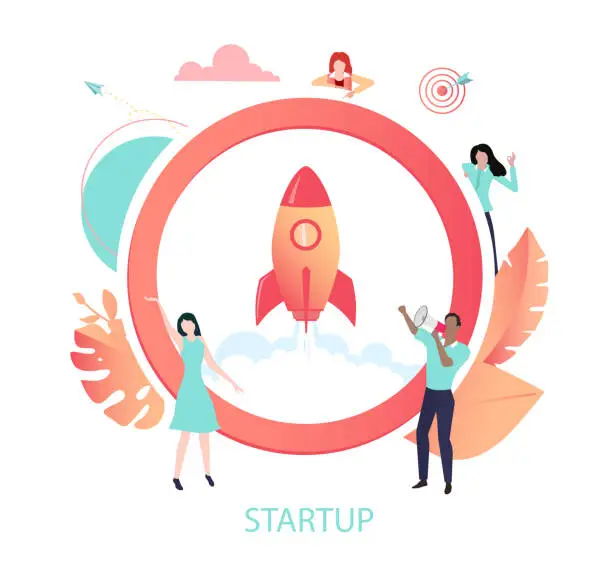 Vector illustration of New business start up. Coral icon with rocket and people, flat style design.