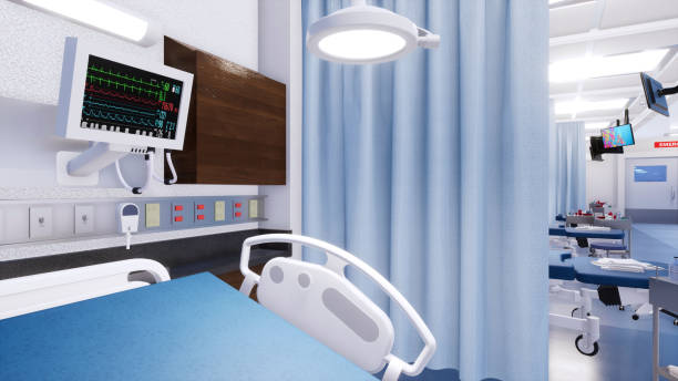 Close-up of empty hospital bed in emergency room Close-up of empty hospital bed and vital signs monitor in emergency room interior of modern clinic. With no people 3D illustration on medicine and health care theme from my own 3D rendering file. surgical light stock pictures, royalty-free photos & images