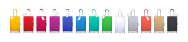 istock Colorful set of modern plastic suitcases with wheels, retractable handle and luggage tag label on suitcase with country code and barcode. Polycarbonate suitcases isolated on white. 1135615353