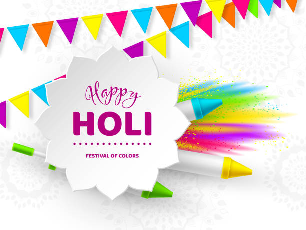 Happy Holi colorful design for Festival of Colors. Happy Holi colorful background for celebration hindu Festival of Colors. 3d realistic holi pichkari with color splash and bunting flags. Vector illustration. holi stock illustrations