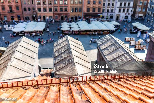 Warsaw Poland Old Town Market Square With Street During Sunny Summer Day Old Market Square In Town With Restaurants View From Window Roof Rooftop Stock Photo - Download Image Now