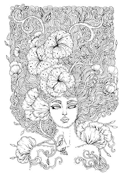 illustrations, cliparts, dessins animés et icônes de vecteur dessiné fée forêt magique avec des cheveux bouclés avec tissage de fleurs entrelacées. fille nymphe déesse de la floraison de printemps. décoratif décoré graphique coloriage page impression t-shirts personnages mythiques. - women nymph hairstyle mythology