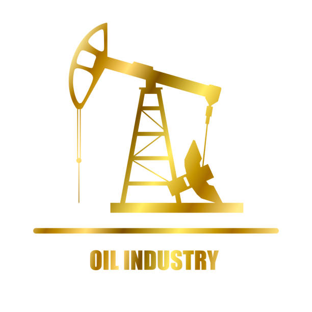 символ нефтяной колодец в золотом цвете с надписью oil industry - platform rocker stock illustrations