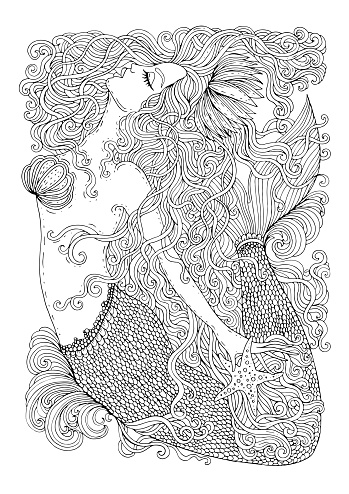 Vector fantastic sea mermaid with long wavy hair. Ornamental decorated graphic illustration of a mermaid tattoo. Coloring  page sea nymph. For print t-shirts. Fairy tale mythical characters.