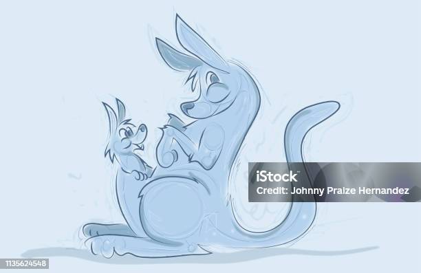 Kangaroo With Baby Sketch Stock Illustration - Download Image Now - Animal, Blue, Cartoon