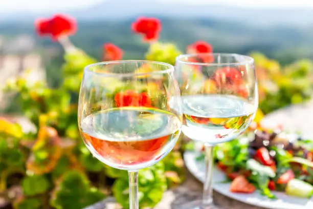 Macro closeup of two glasses of white wine and salad plate in garden with reflection in water of red geranium flowers outside in Tuscany Italy summer