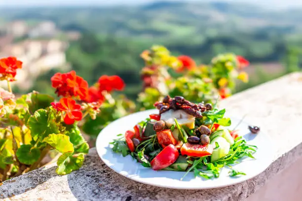 Closeup of olive salad on plate on balcony terrace by red geranium flowers in garden outside in Italy in Tuscany