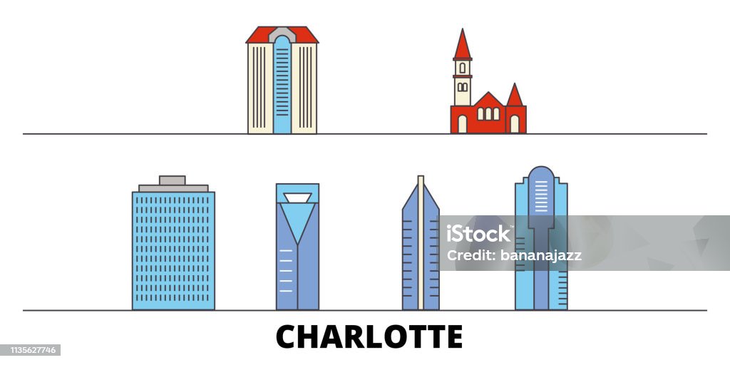 United States, Charlotte flat landmarks vector illustration. United States, Charlotte line city with famous travel sights, skyline, design. United States, Charlotte flat landmarks vector illustration. United States, Charlotte line city with famous travel sights, design skyline. Charlotte - North Carolina stock vector