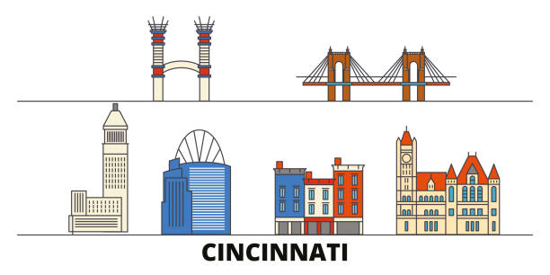 United States, Cincinnati flat landmarks vector illustration. United States, Cincinnati line city with famous travel sights, skyline, design. United States, Cincinnati flat landmarks vector illustration. United States, Cincinnati line city with famous travel sights, design skyline. ohio symbols stock illustrations