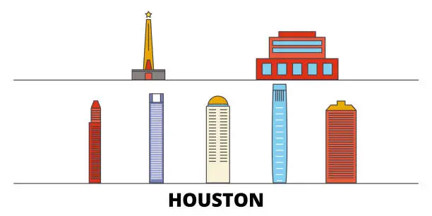 Vector illustration of United States, Houston flat landmarks vector illustration. United States, Houston line city with famous travel sights, skyline, design.