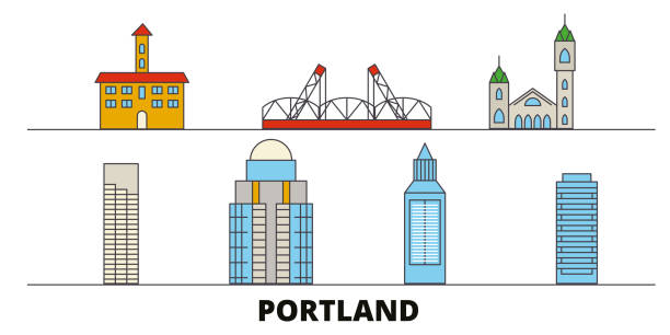 illustrazioni stock, clip art, cartoni animati e icone di tendenza di stati uniti, portland punti di riferimento piatti illustrazione vettoriale. stati uniti, portland linea città con famose attrazioni di viaggio, skyline, design. - portland oregon skyline cityscape silhouette