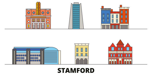 United States, Stamford flat landmarks vector illustration. United States, Stamford line city with famous travel sights, skyline, design. United States, Stamford flat landmarks vector illustration. United States, Stamford line city with famous travel sights, design skyline. connecticut stock illustrations