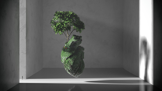A heart overgrown with plants floating in a concrete room