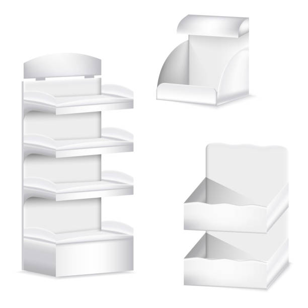 ilustrações de stock, clip art, desenhos animados e ícones de set of white carton blank trade displays template. promotion shelf - pos supermarket