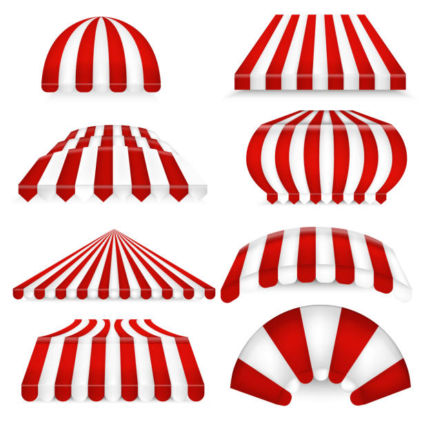 istock Vector set of red-white sunshades. Outdoors awnings for cafe and market. 1135637606
