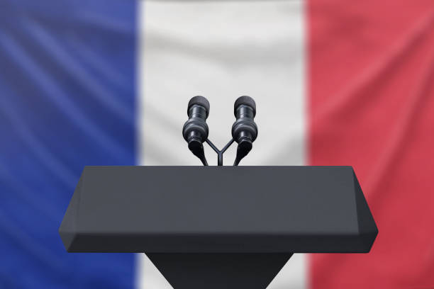 French Flag Podium lectern with two microphones and French flag in background french flag stock pictures, royalty-free photos & images