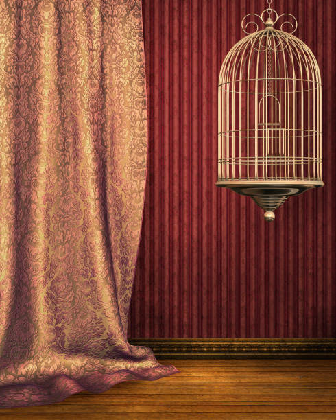 istock 3d illustration graphic background of a interior with a bird cage and drapes 1135648323