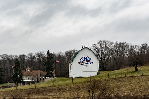 Cadiz, Ohio/USA-February 7, 2019: Quilt barn standing next to the Harrison County Home next to Route 250. is part of the Harrison County Quilt Barn Project.