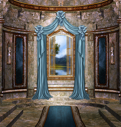 3d illustration fantasy graphic background of a window with drapes