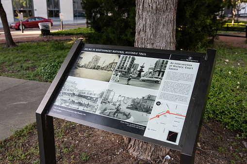 Montgomery, Alabama/USA-April 20, 2018: City of Montgomery Interpretive Sign Number Ten: Court Square of the Selma to Montgomery National Historic Trail.