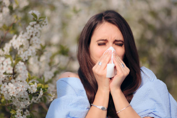 istock Allergic Woman Blowing Her Nose Next to Blooming Tree 1135651372