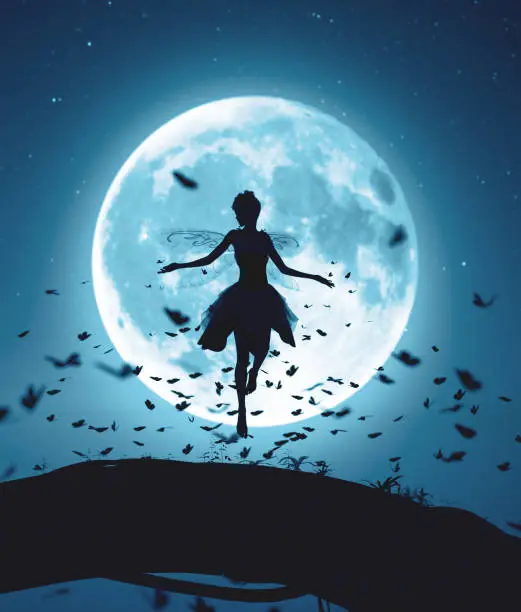 3d rendering of a fairy flying in a magical night surrounded by flock butterflies in moonlight