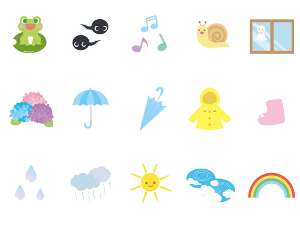 ilustraciones, imágenes clip art, dibujos animados e iconos de stock de temporada de lluvias set1 - weather cloud window rain