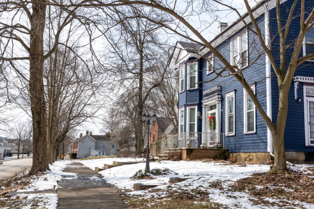 Mount Pleasant, Ohio/USA- March 7, 2019: A scenic view up the sidewalk in front of the M. Alexander House built in 1893 on Union Street in historic Mt. Pleasant.
