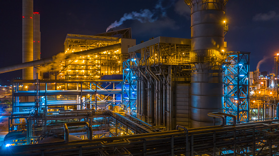 Power station, Combined heat power plant at night, Large combined cycle power plant.