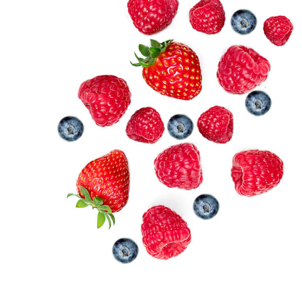 istock Mixed Summer Berries. Strawberry, Raspberry, Blueberries  and Mint leaf  isolated on white background, top view, flat lay