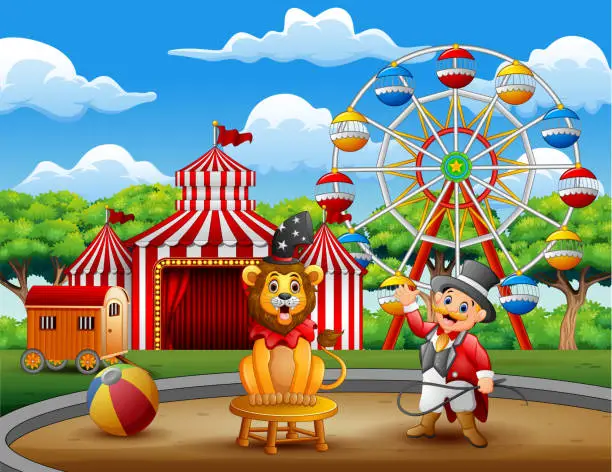 Vector illustration of Cartoon ringmaster and a lion in the circus arena