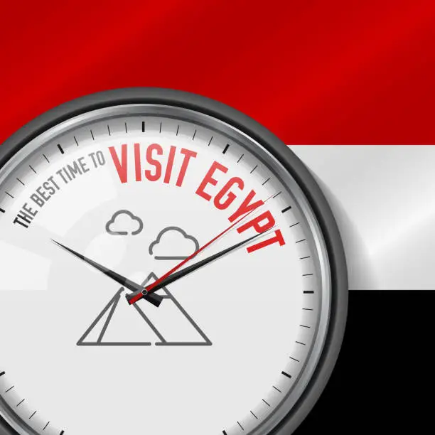 Vector illustration of The Best Time for Visit Egypt. Vector Clock with Slogan. Egyptian Flag Background. Analog Watch. Pyramids of Giza Icon