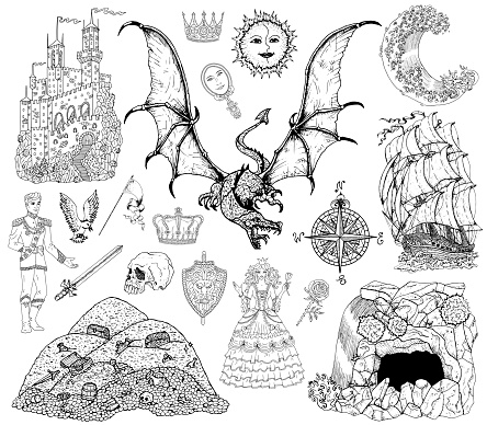 Vector sketch of fantasy epic, adventures and old transportation concept. Graphic line art engraved illustration, doodle collection