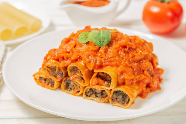 istock Cannelloni with ground beef baked in tomato sauce. 1135666595