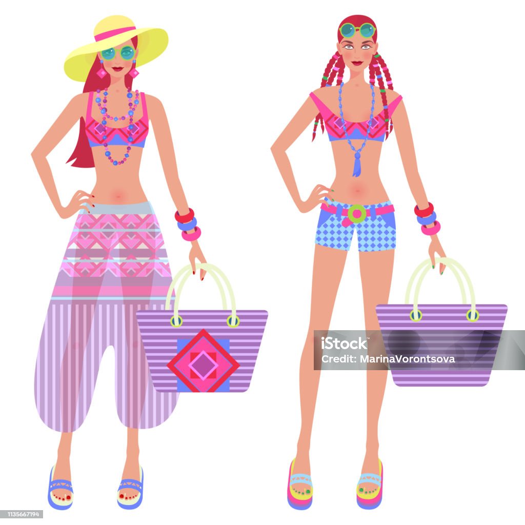 Vector illustration - beach fashion. Two cute girls in fashionably beach clothes and accessories - handbags, sun hat, sunglasses. Vector illustration of female figures isolated on white background. Adult stock vector