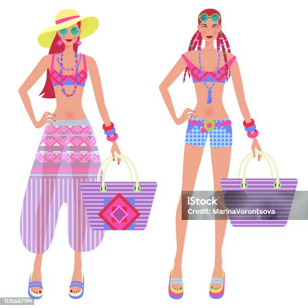 Vector Illustration Beach Fashion Stock Illustration - Download Image Now - Adult, Beach Bag, Beauty