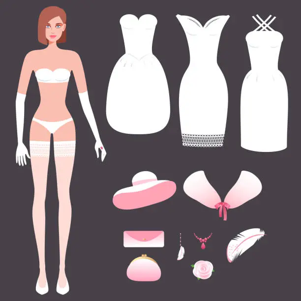 Vector illustration of Girl in underwear and set wedding dresses.