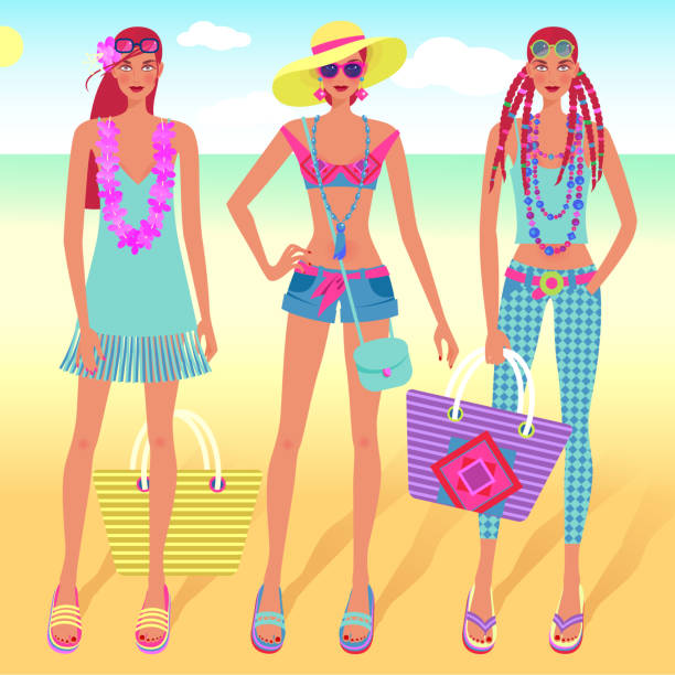 illustrations, cliparts, dessins animés et icônes de jolies filles en maillots sur la plage. - short necklace