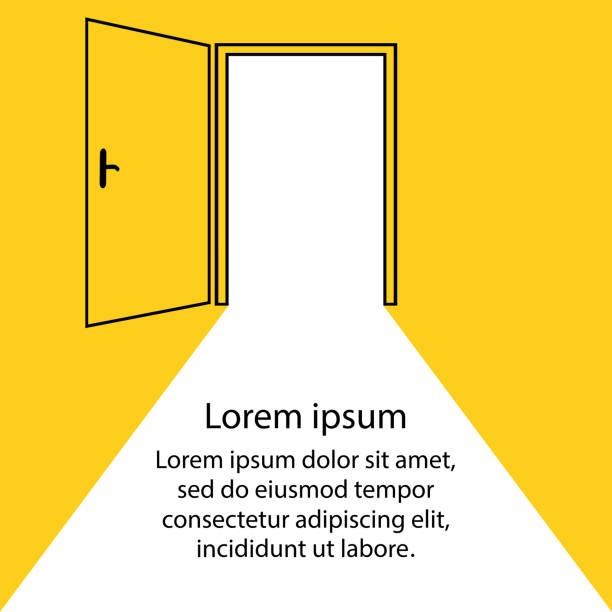 открытая дверь, желтый фон, мультфильм - дверь иллюстрации stock illustrations