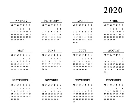 Calendar for 2020 on white background.