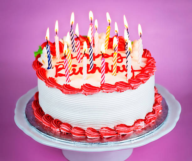 istock Birthday cake with lit candles 113567624