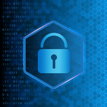 Cyber security background with abstract binary code, hexagons and a padlock lock symbol. Vector eps 10 illustration in glowing blue colors.